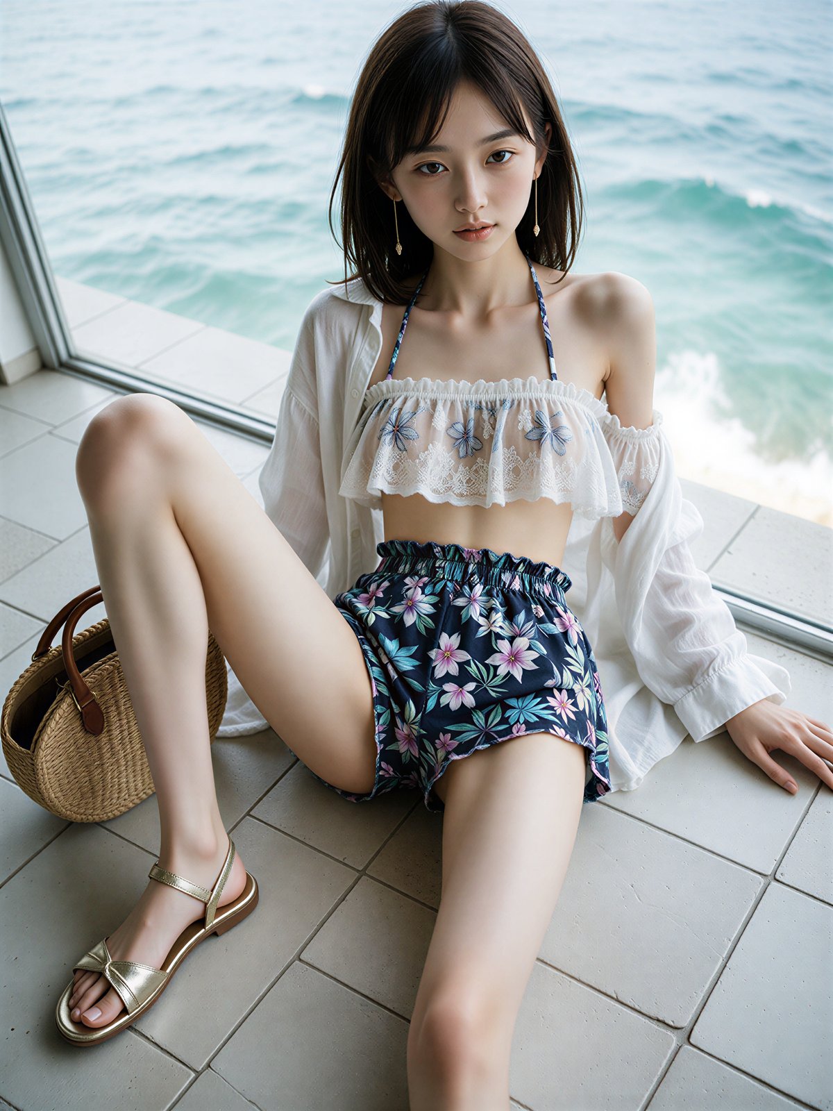 Beach resort photoshoot idea – AI Japanese model Ayu Saeki in lace crop, shorts by the sea window