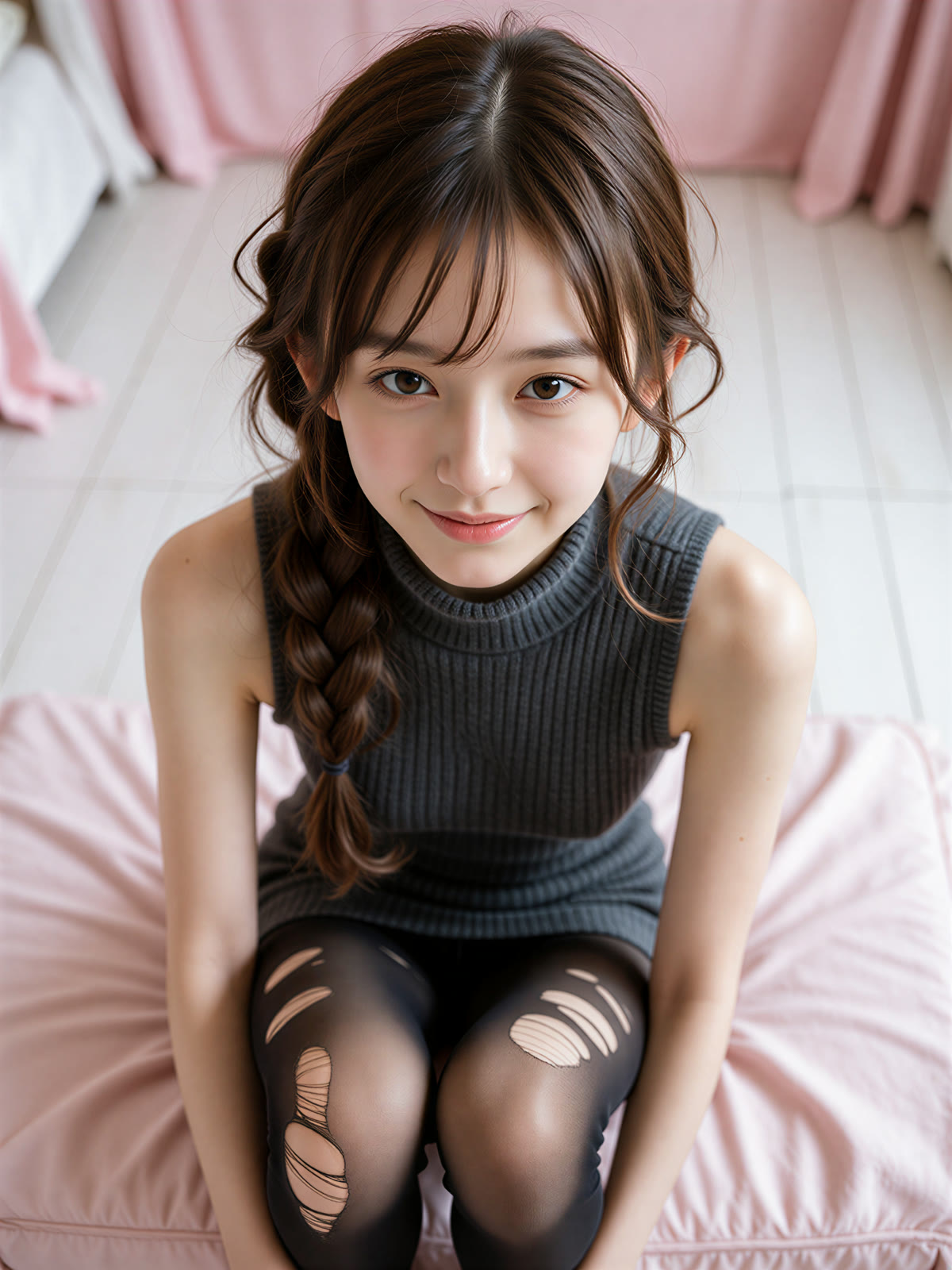 Knit dress photoshoot idea – AI Japanese model Ayu Saeki in a knit dress with torn tights on a bed