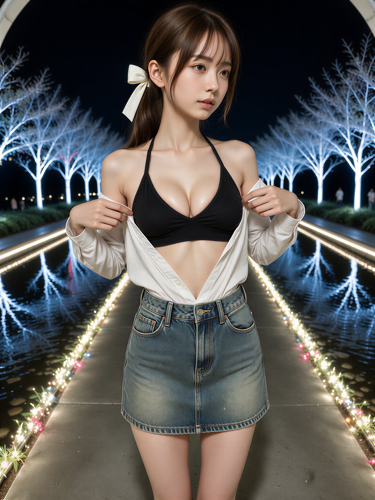 Light display photoshoot idea – AI Japanese model Ayu Saeki in black halter on the light-lined path