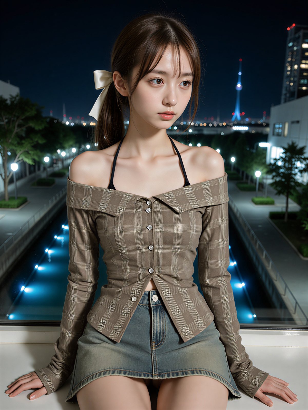Light display photoshoot idea – AI Japanese model Ayu Saeki in a plaid shirt seated on a stone ledge