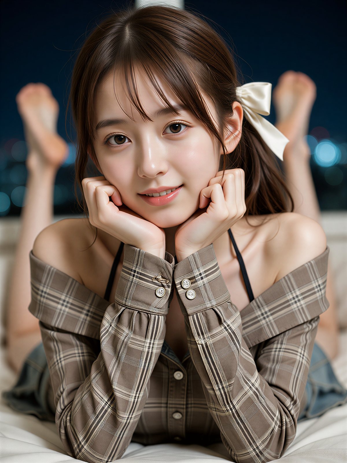 Light display photoshoot idea – AI Japanese model Ayu Saeki in a plaid shirt on a bed at night