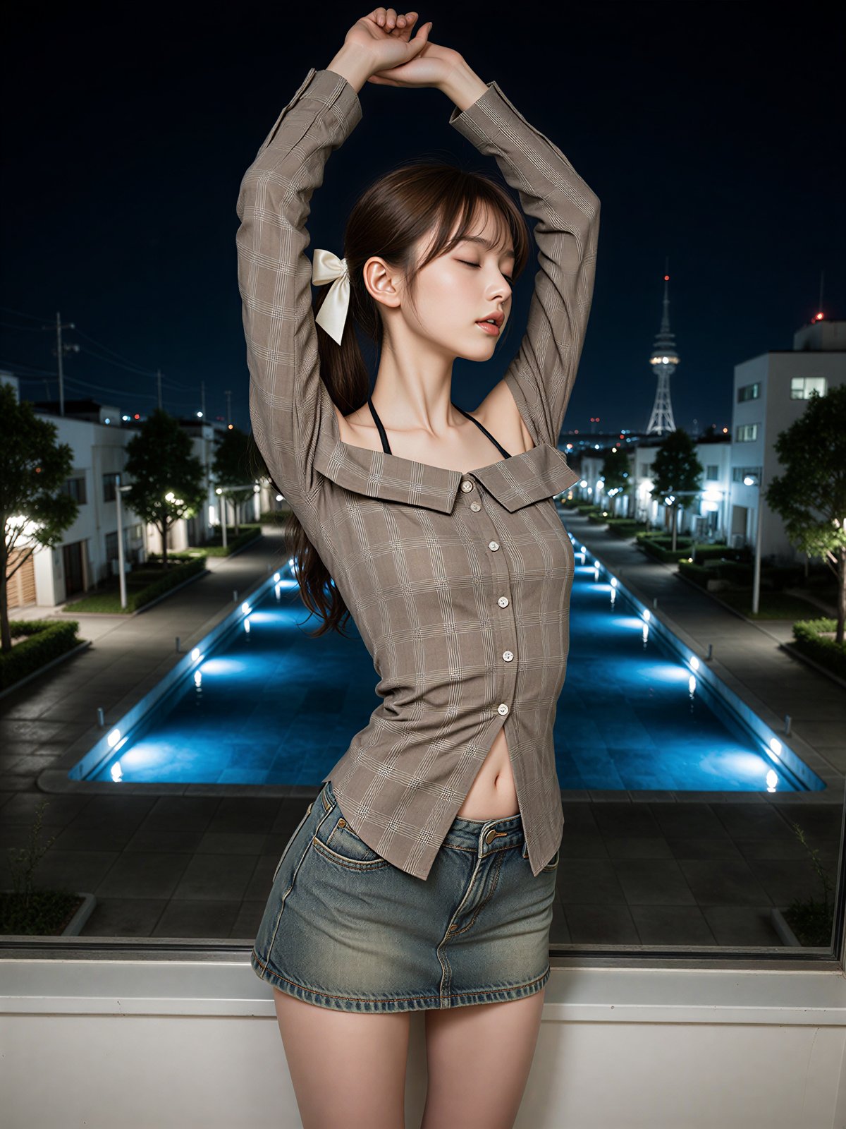Light display photoshoot idea – AI Japanese model Ayu Saeki in plaid shirt above the blue-lit canal