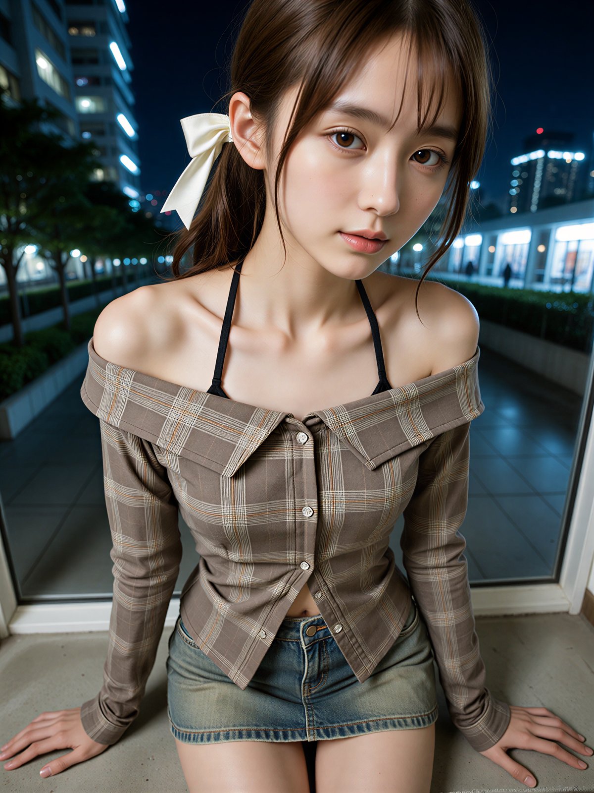 Light display photoshoot idea – AI Japanese model Ayu Saeki in plaid shirt with denim on a lit canal