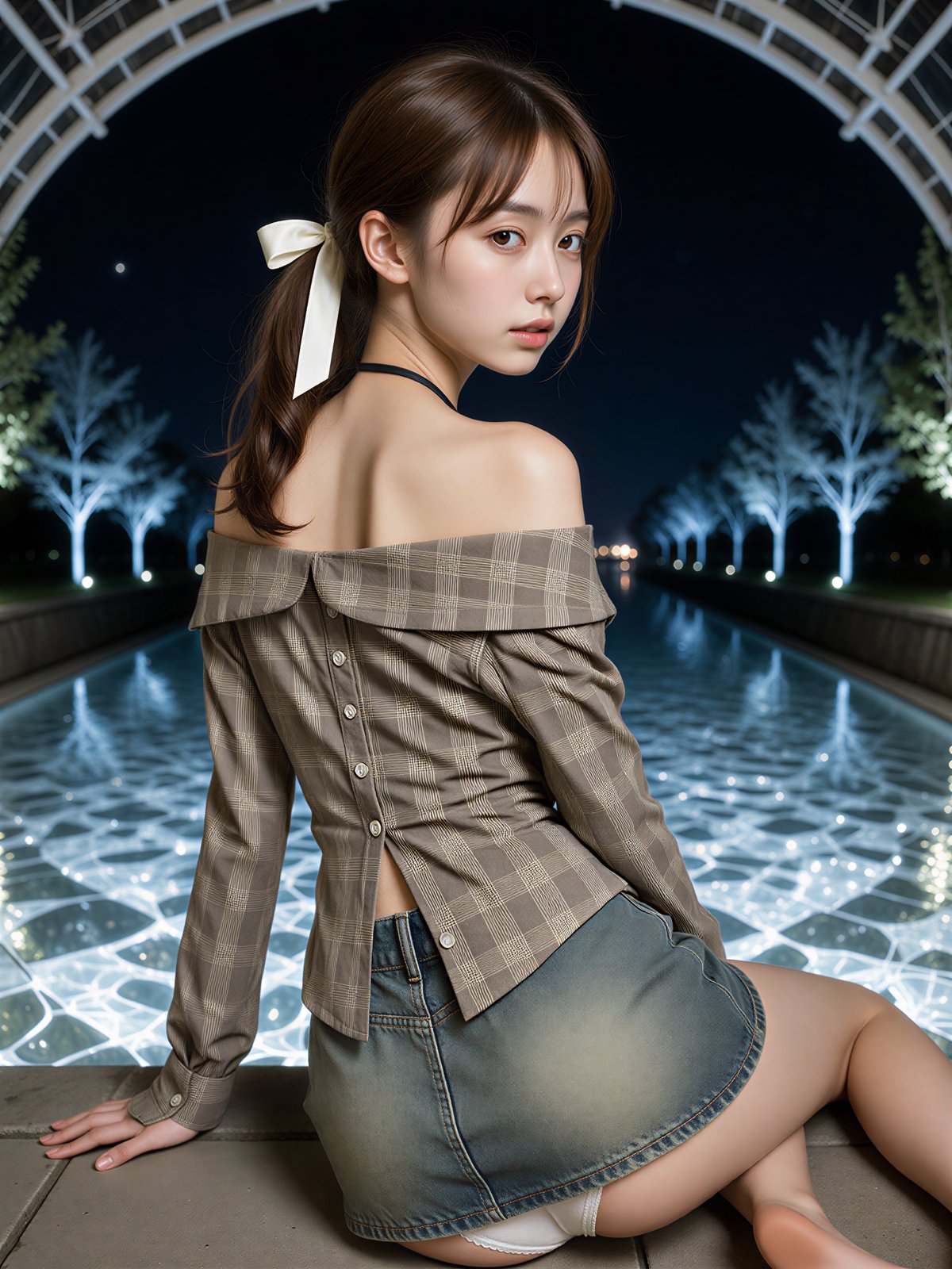 Light display photoshoot idea – AI Japanese model Ayu Saeki in a plaid shirt at the water, LED trees