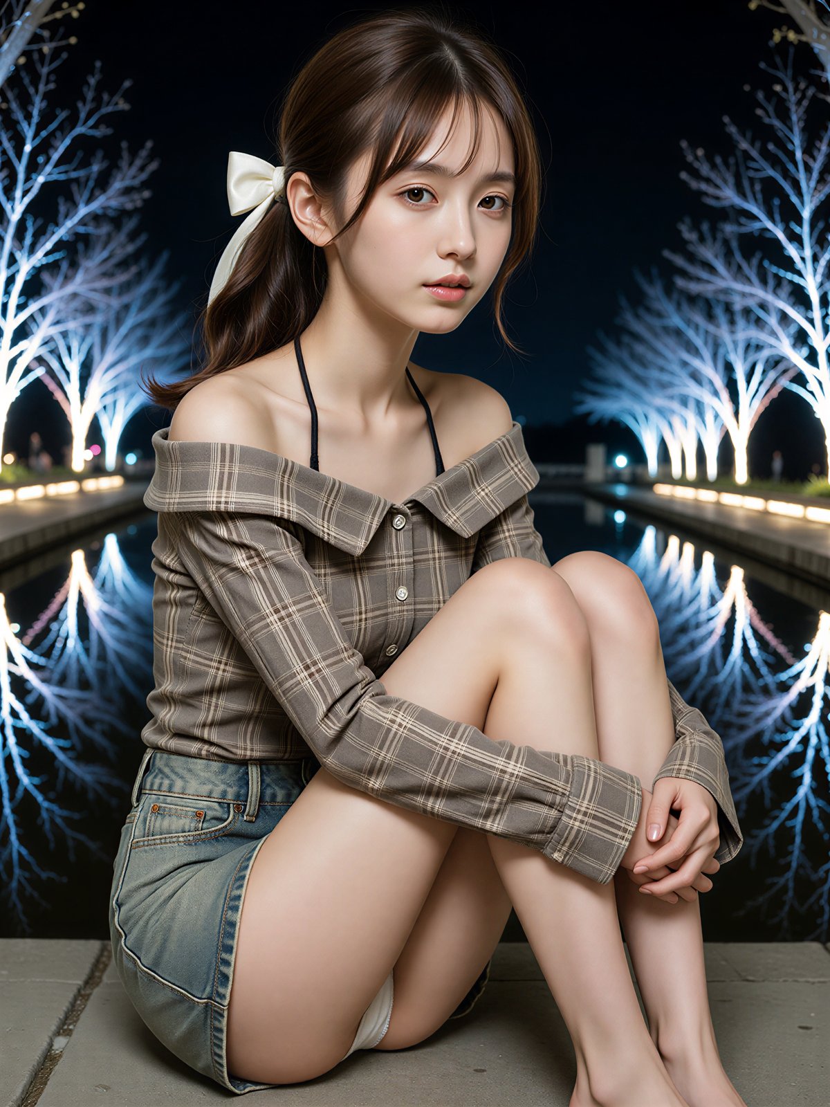 Light display photoshoot idea – AI Japanese model Ayu Saeki in plaid shirt seated by the white trees