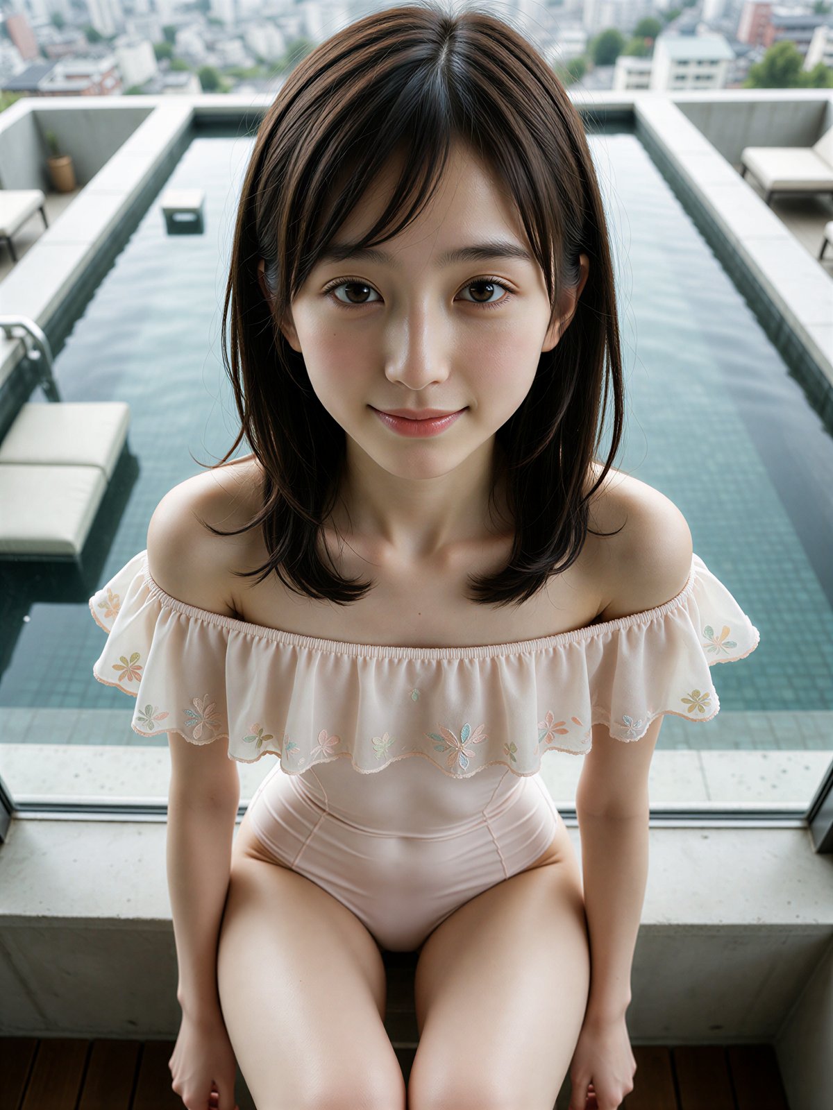 Rooftop pool photoshoot idea – AI Japanese model Ayu Saeki in ruffle swimsuit under high morning sun