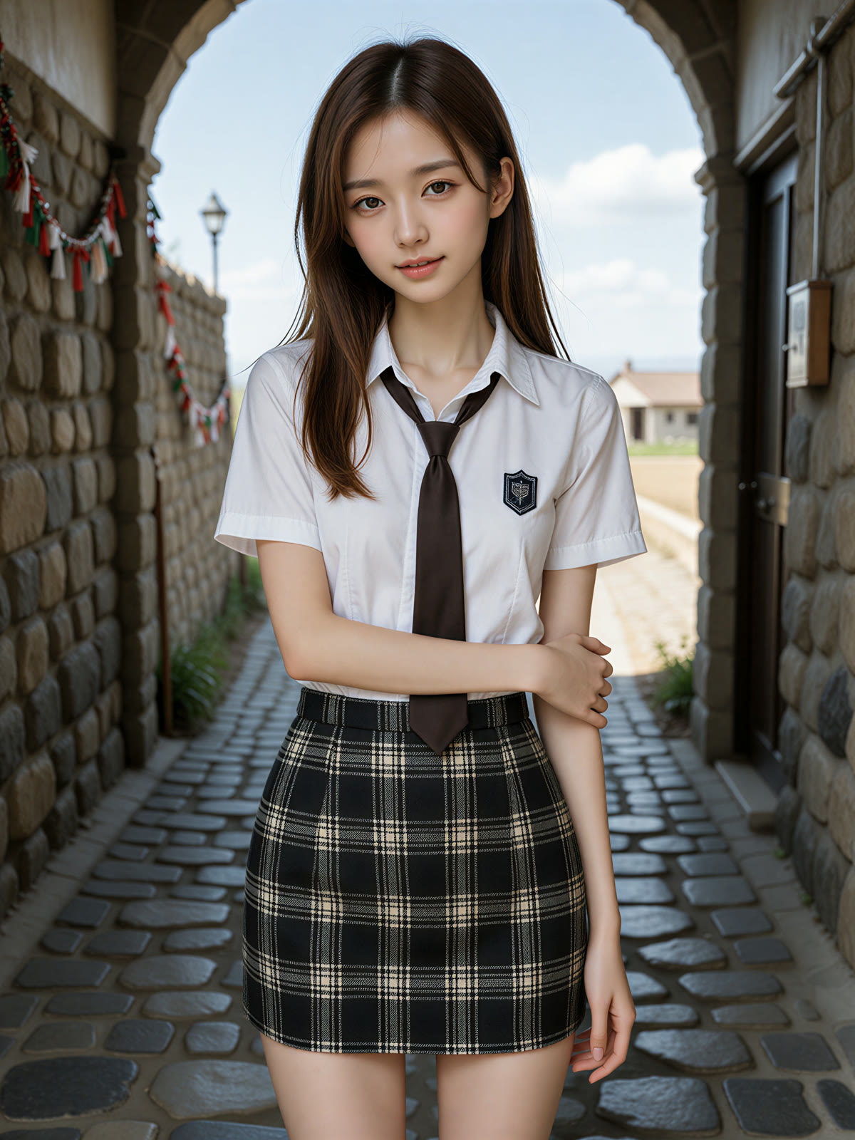 Theme park photoshoot idea – AI Japanese model Ayu Saeki in a shirt, tie, plaid skirt in an archway