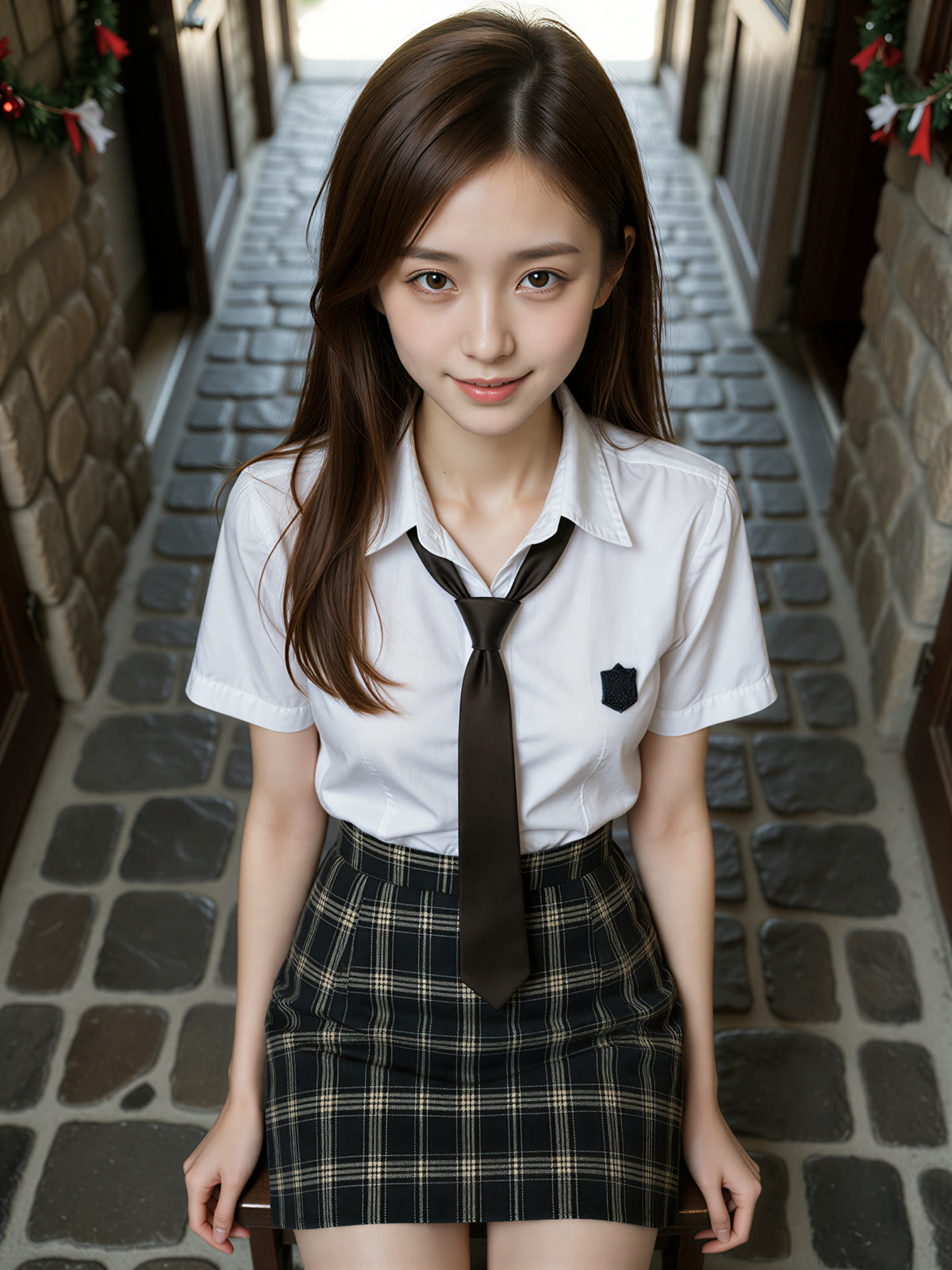 Theme park photoshoot idea – AI Japanese model Ayu Saeki in a white shirt in a stone passage