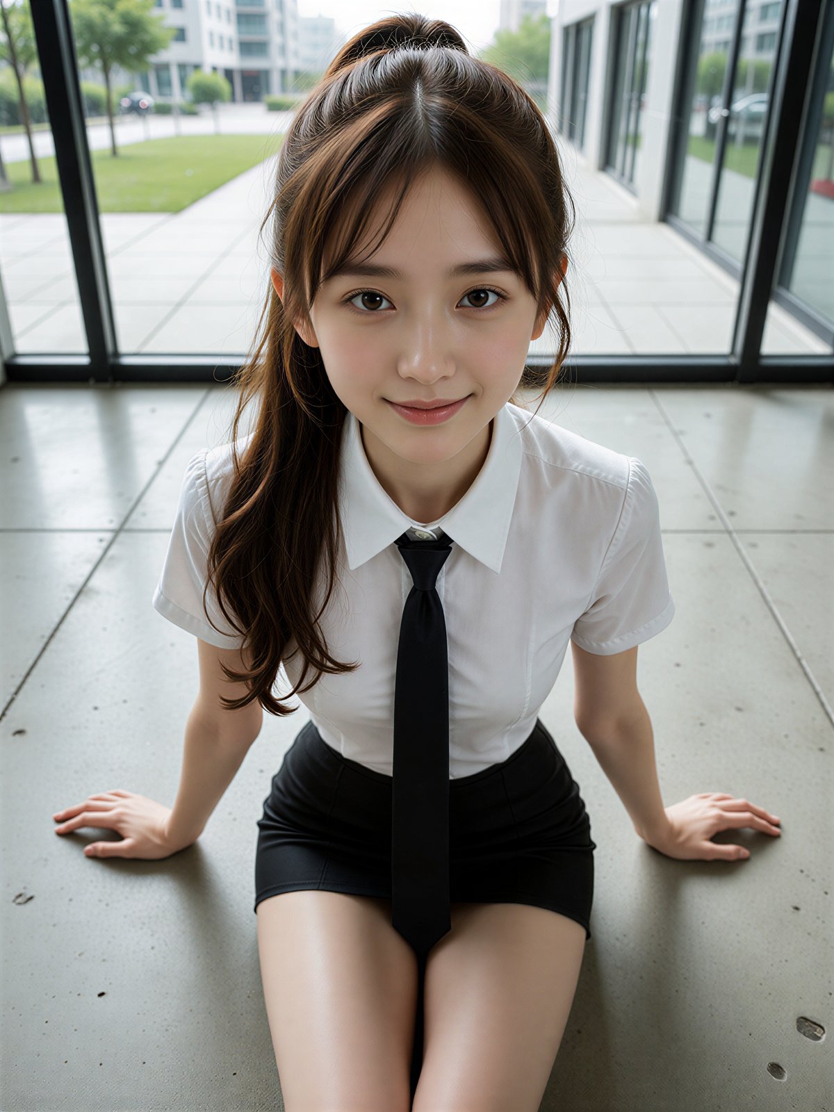 Tokyo night photoshoot idea – AI Japanese model Ayu Saeki in shirt with tie seated by a cafe window