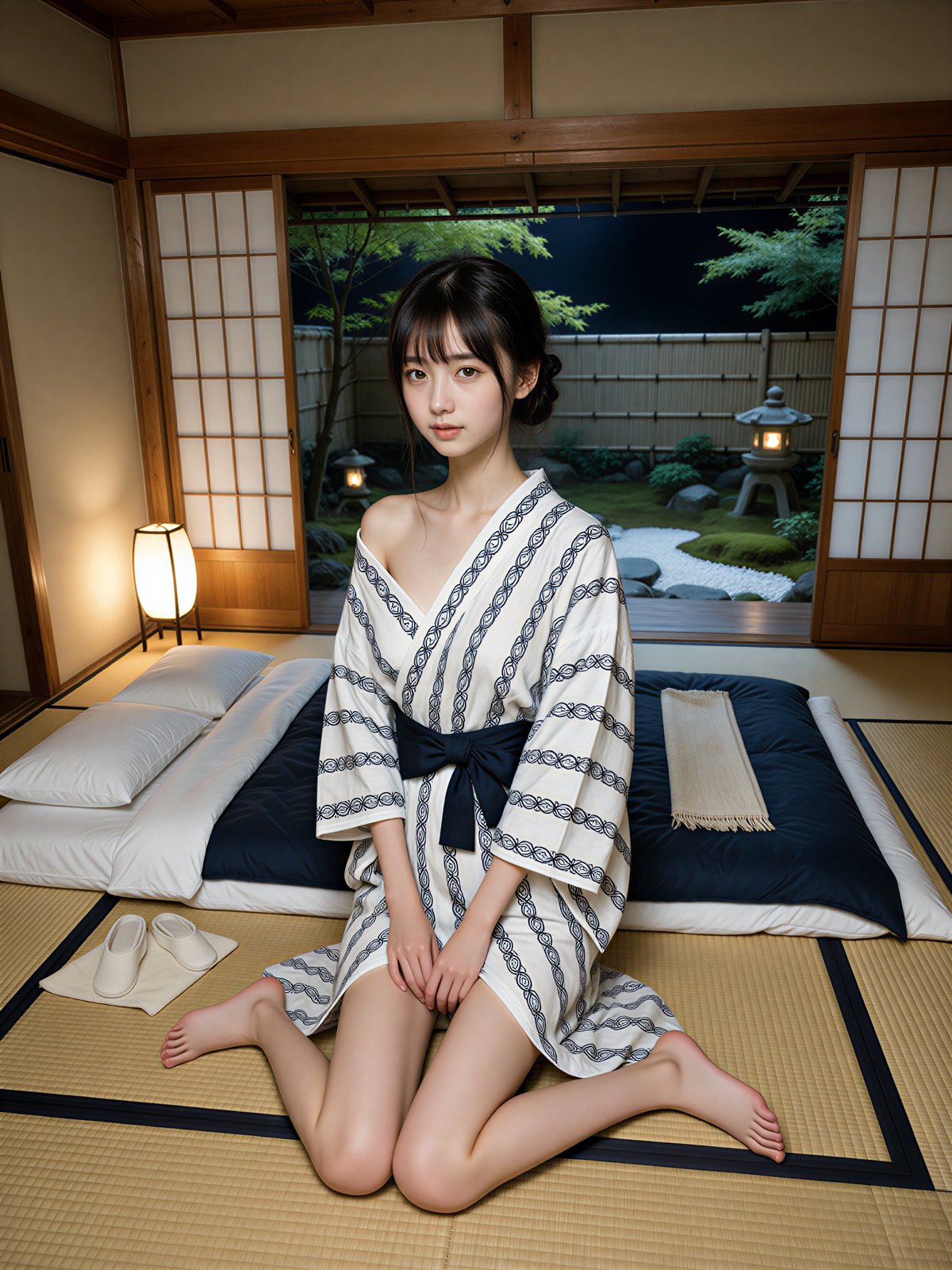 Yukata photoshoot idea – AI Japanese model Ayu Saeki in a white yukata kneeling beside the futon