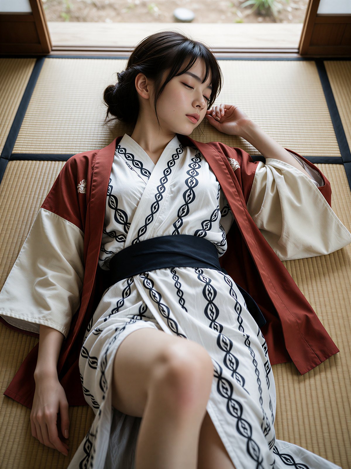 Yukata photoshoot idea – AI Japanese model Ayu Saeki in a red hanten on tatami by the doorway