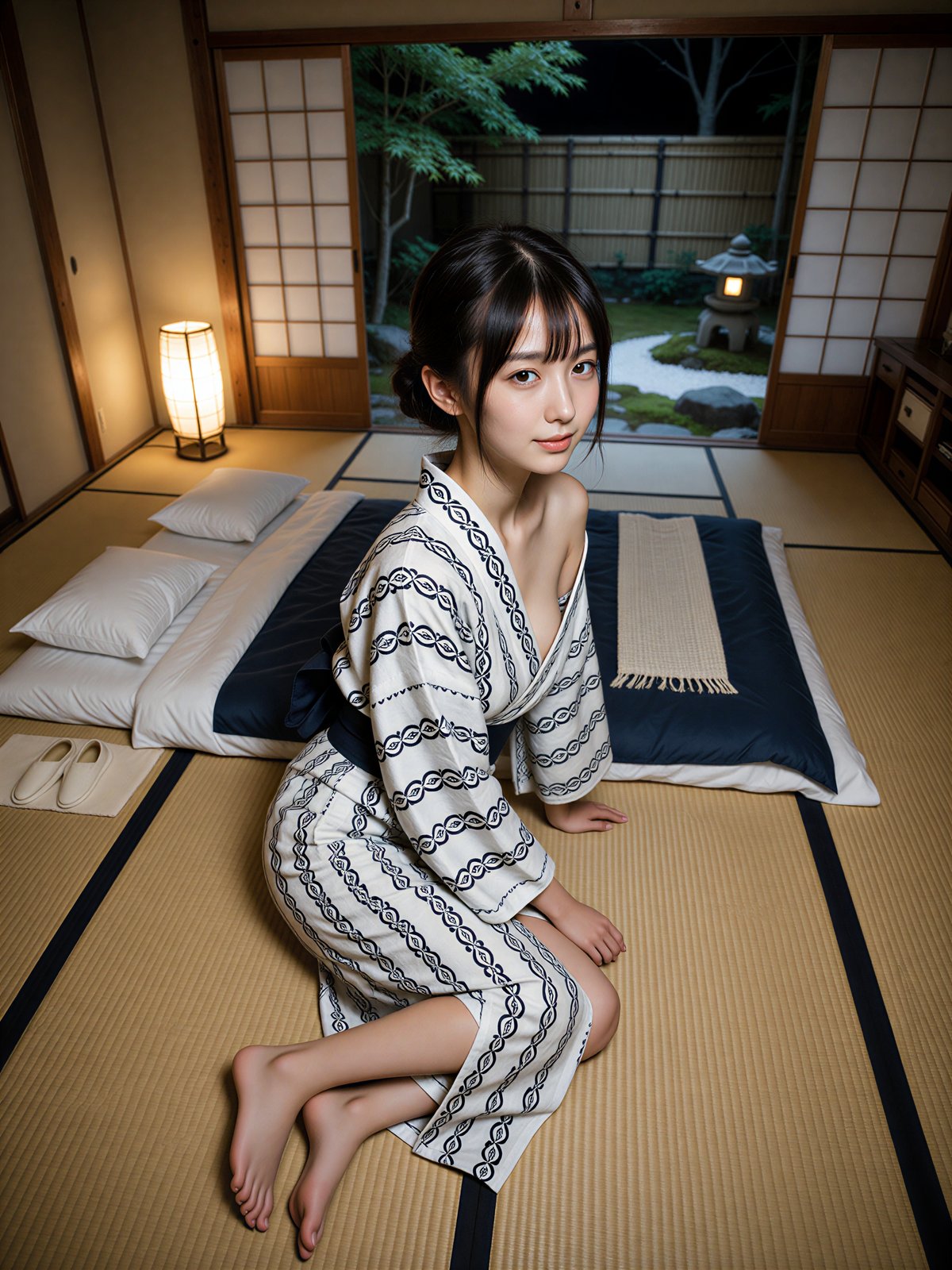 Yukata photoshoot idea – AI Japanese model Ayu Saeki in a chain-pattern yukata at a ryokan at night