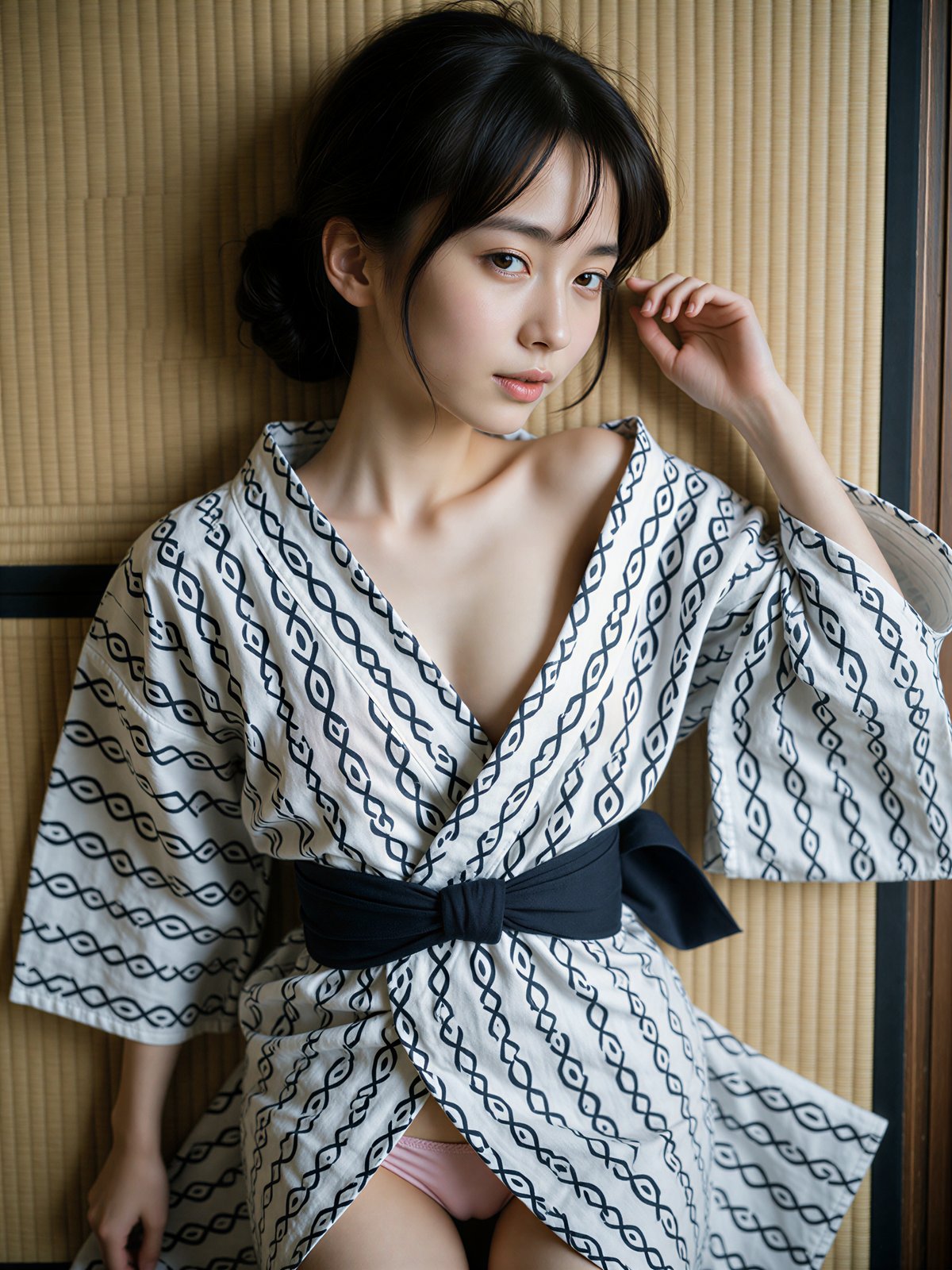 Yukata photoshoot idea – AI Japanese model Ayu Saeki in an indigo chain-pattern yukata in lamplight